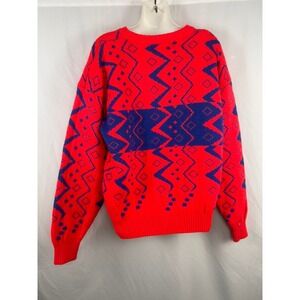 Vintage 80s Sport Obermeyer Neon Ski Lodge Sweater Retro Alpine Geometric Knit L